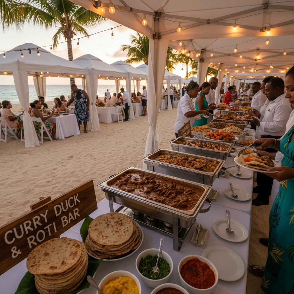 Elegant wedding reception with Caribbean food stations, curry duck and roti bar, guests serving themselves