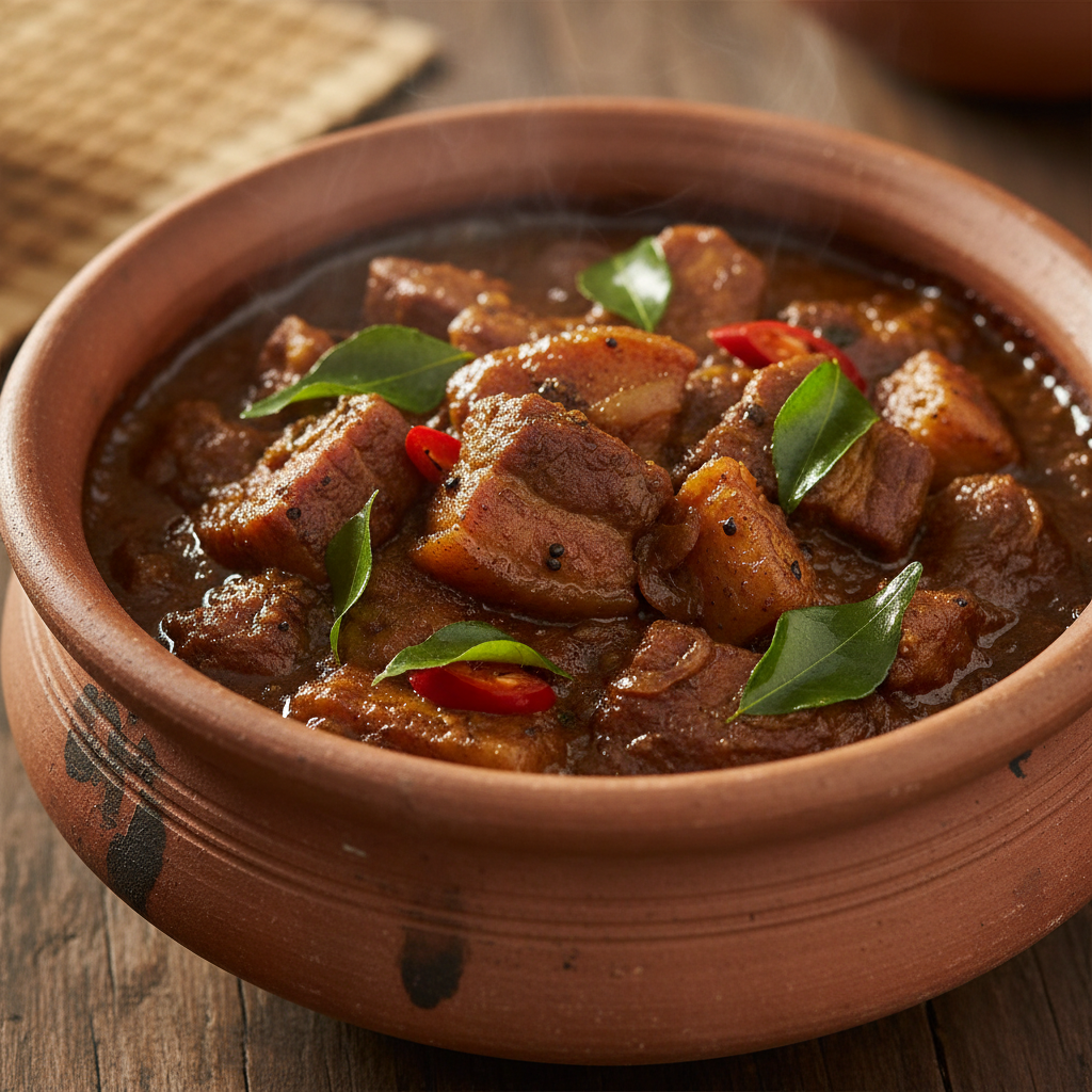 Black pork kari in clay pot with dark rich sauce and fresh curry leaves on top