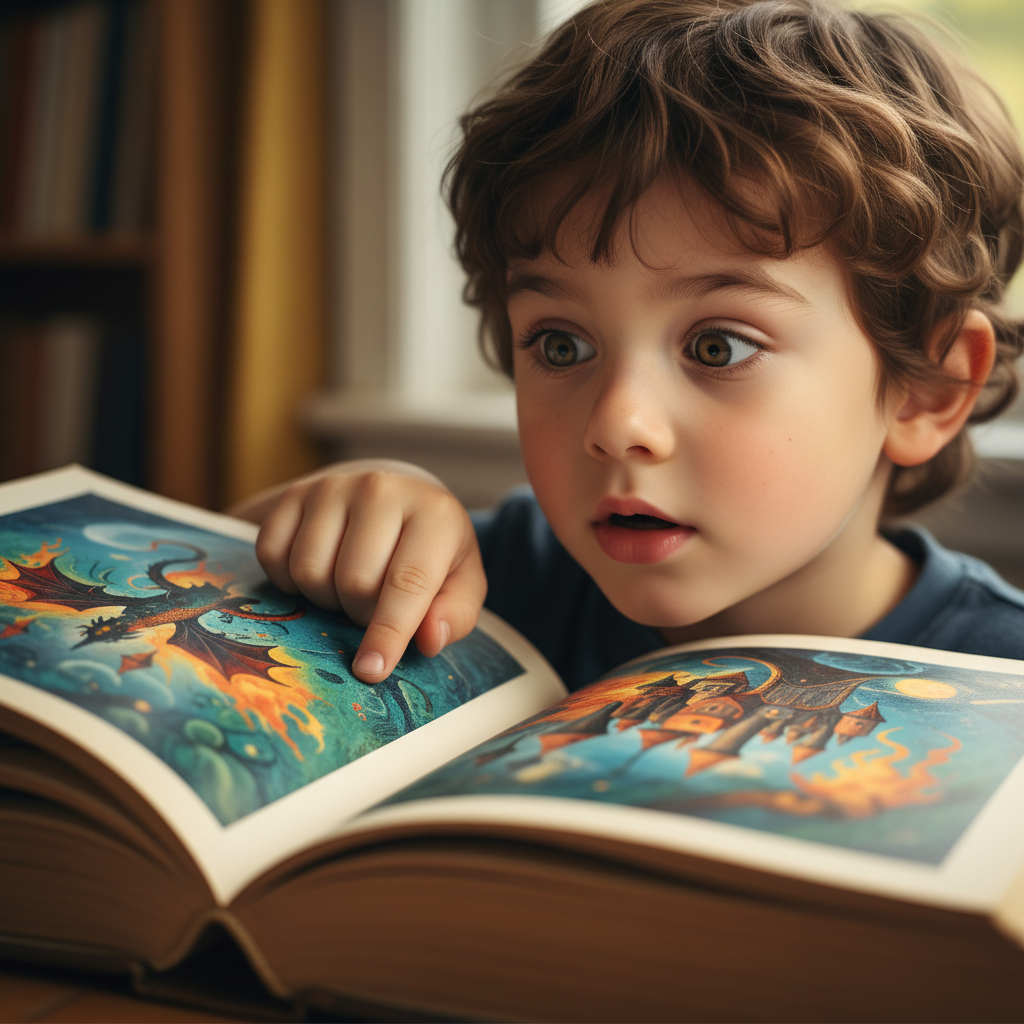 Young boy with wide eyes pointing at an illustrated page in a hardcover book