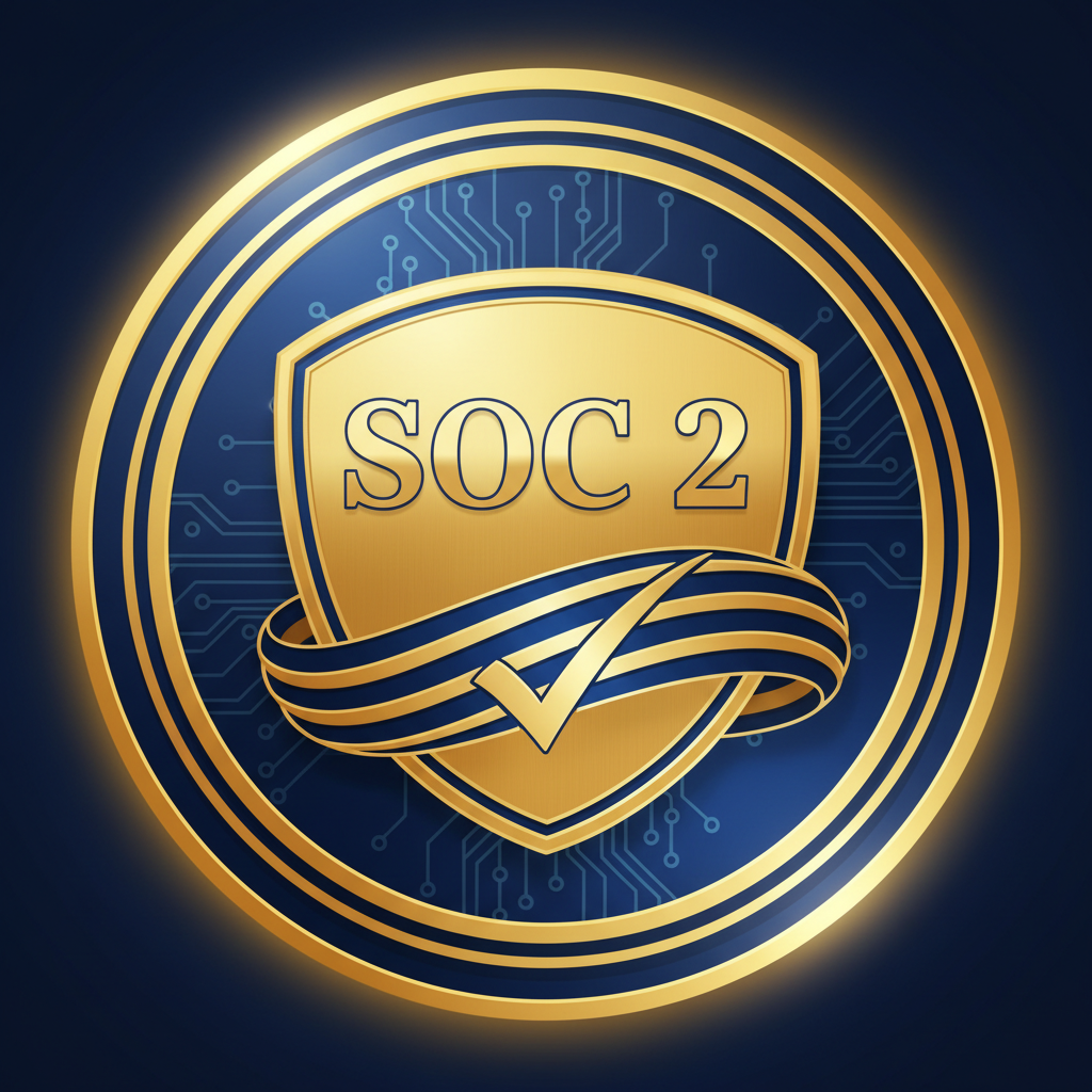 SOC 2 compliance badge with professional blue and gold design