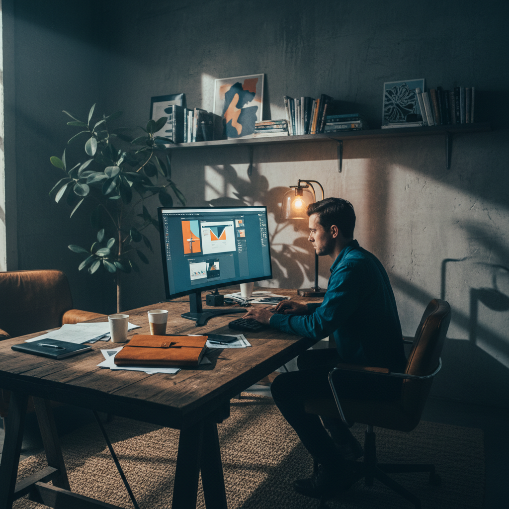 Dark moody office with dramatic shadows, dim lighting on desk, atmospheric professional