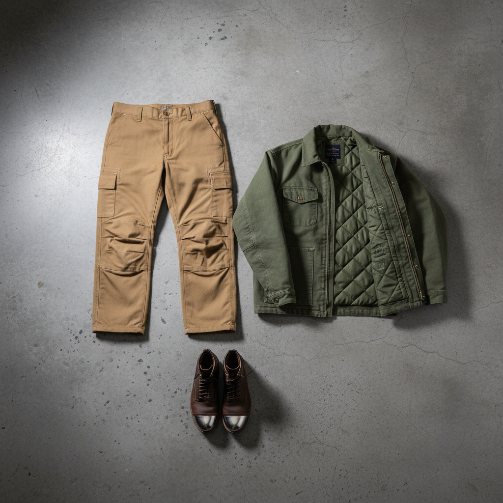 Flat-lay arrangement of work jacket, cargo trousers, and steel-toe boots on concrete surface