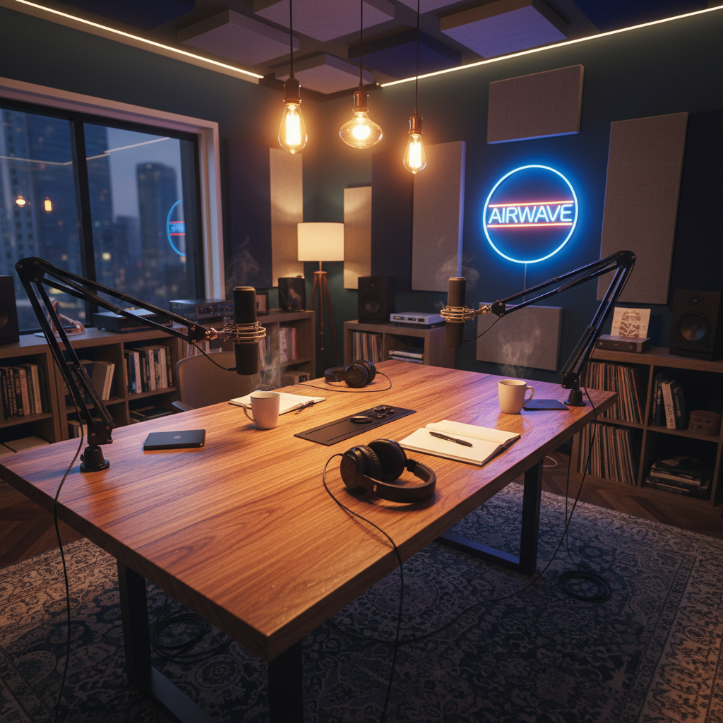 Podcast studio with warm lighting, microphone in foreground
