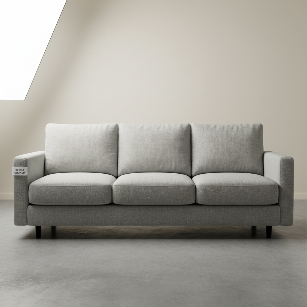 Sofá de 3 lugares cinza claro em sala minimalista com luz natural