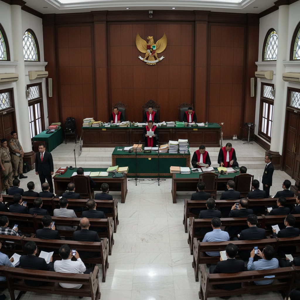 British courtroom interior with wooden benches