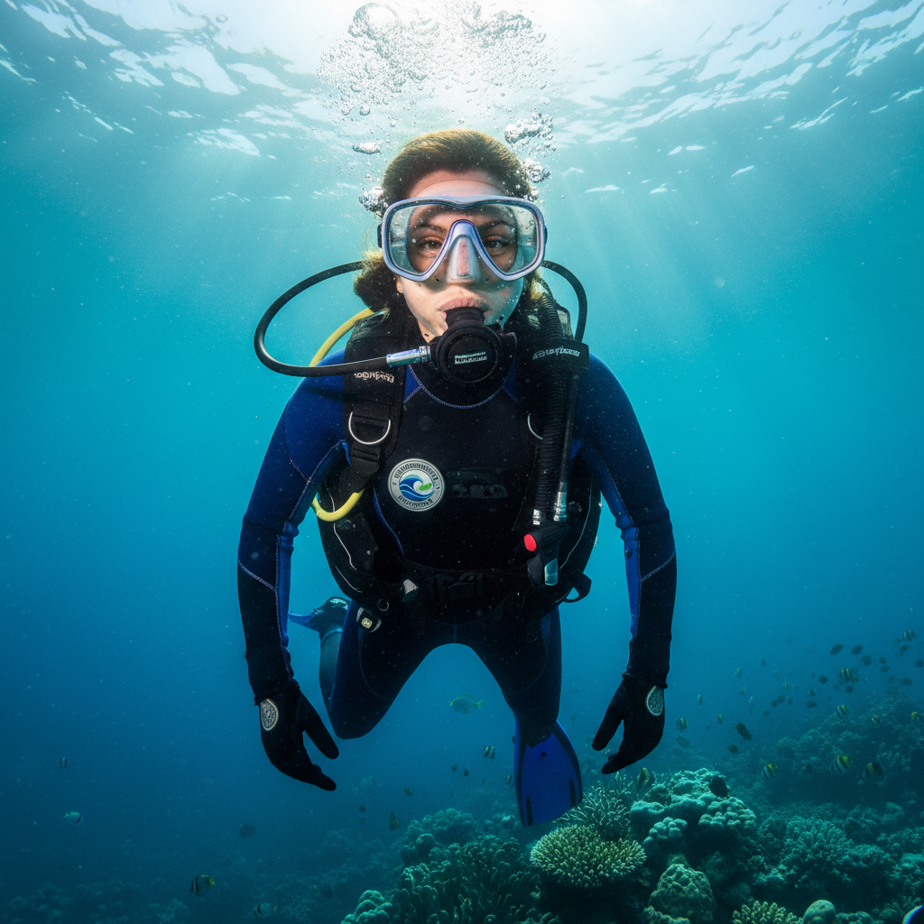 Ayu Wulandari, marine biologist and dive guide, in wetsuit at tropical beach