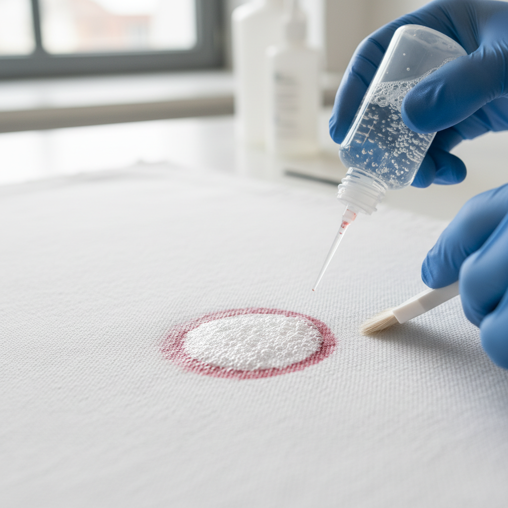 Close-up of carpet fiber stain treatment being applied by a professional cleaning technician