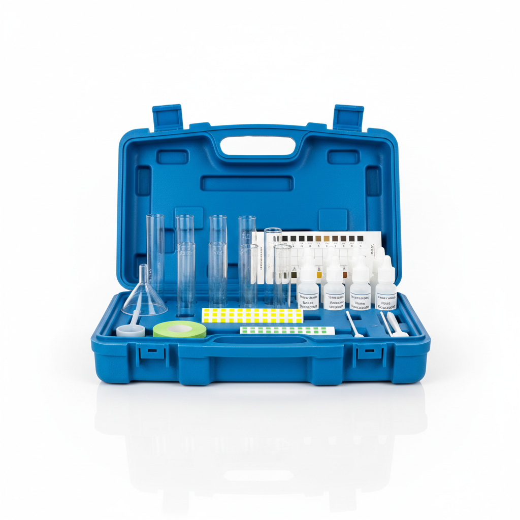 Water testing kit with colorful test tubes and chart