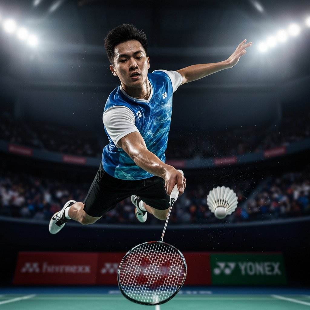Badminton player mid-leap smashing shuttlecock with intense focus under arena lights