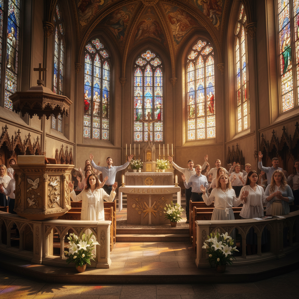 Hands raised in worship in a warmly lit church gathering, soft golden light, congregation in prayer
