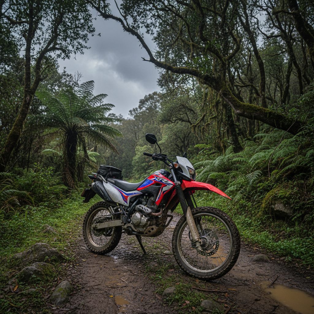 Honda adventure motorcycle on rocky mountain trail, dramatic landscape, dark moody lighting