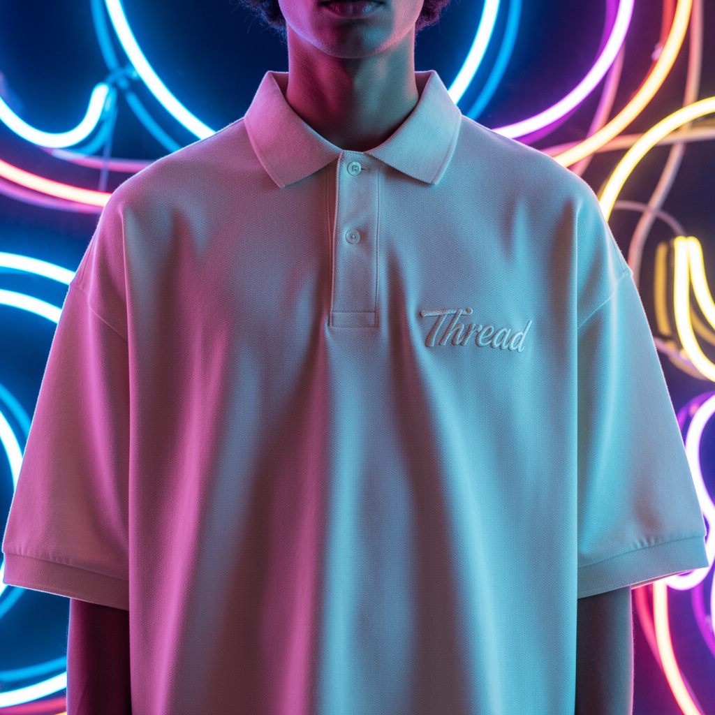 Oversized remix polo in cream with tonal embroidered Thread logo on a model against neon lights