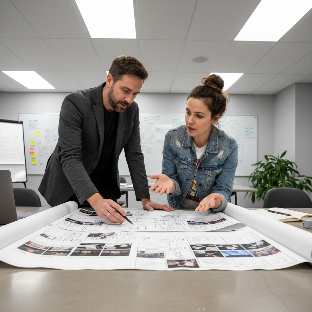 Equipo creativo revisando storyboard y planificando producción audiovisual en sala de reuniones