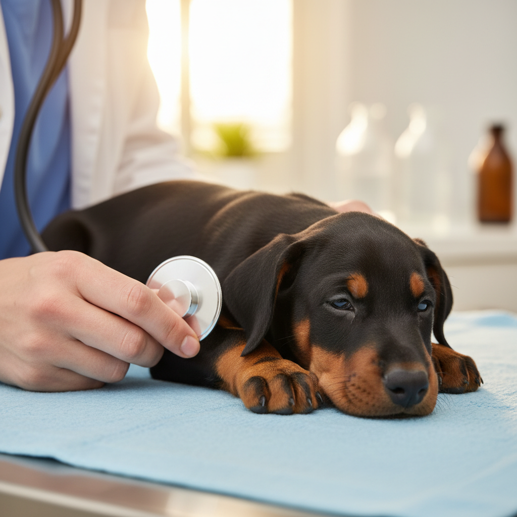 Vet listening to a golden retriever during a health checkup