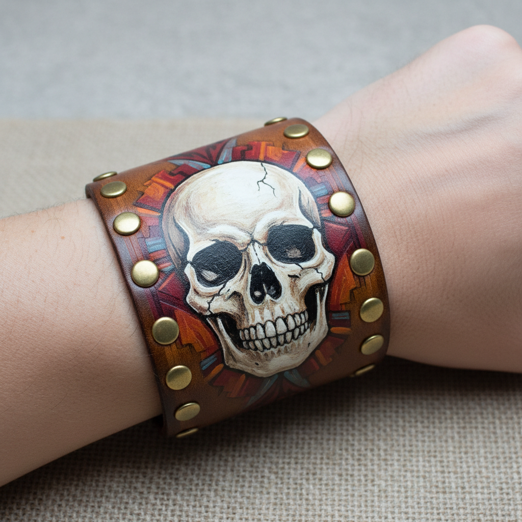 Hand-painted leather cuff with skull motif and rivet accents, worn on wrist