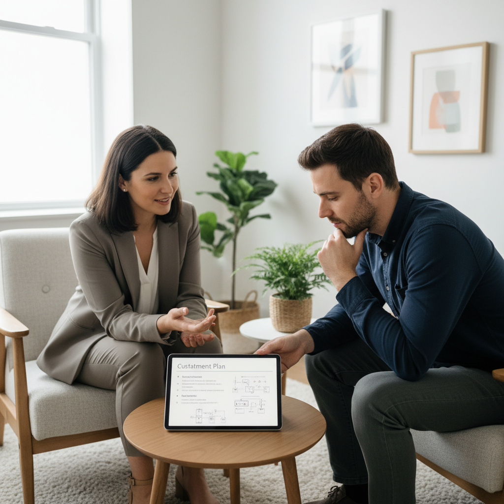 Woman reading a personalized treatment plan on her laptop, looking relieved and empowered