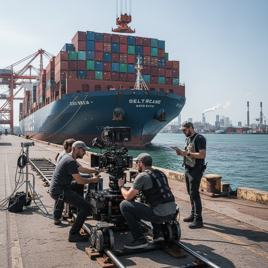 Film crew shooting with cinema camera on port dock with container ship in background