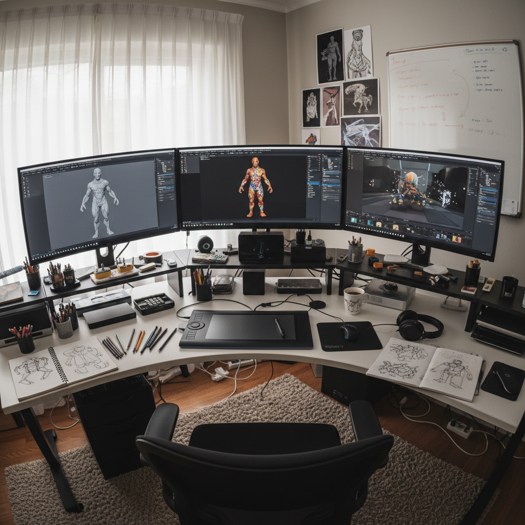 Artist workstation with multiple monitors showing 3D pipeline workflow