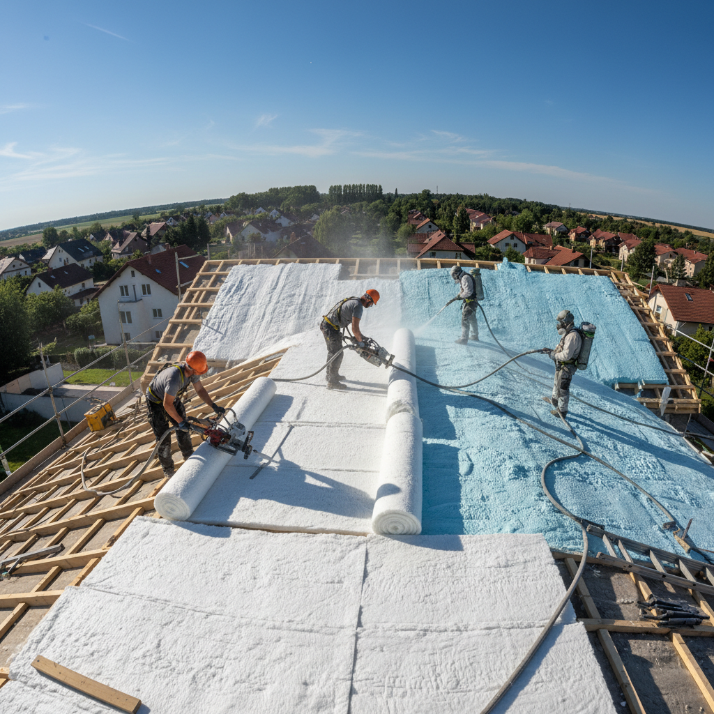 Workers installing new IBR roof sheets on residential building, clear daytime, bright sky