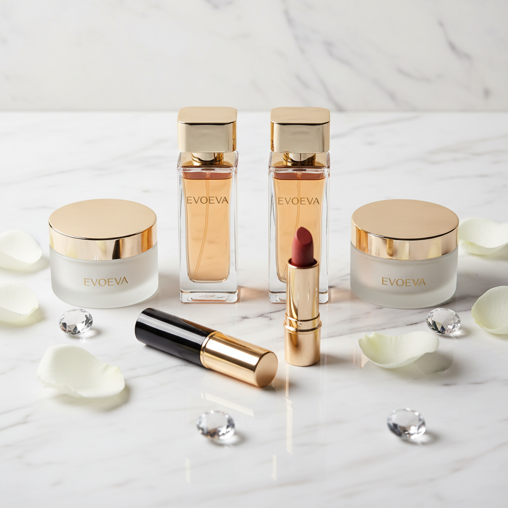 Luxury cosmetics flatlay with pink roses and gold beauty products on marble surface