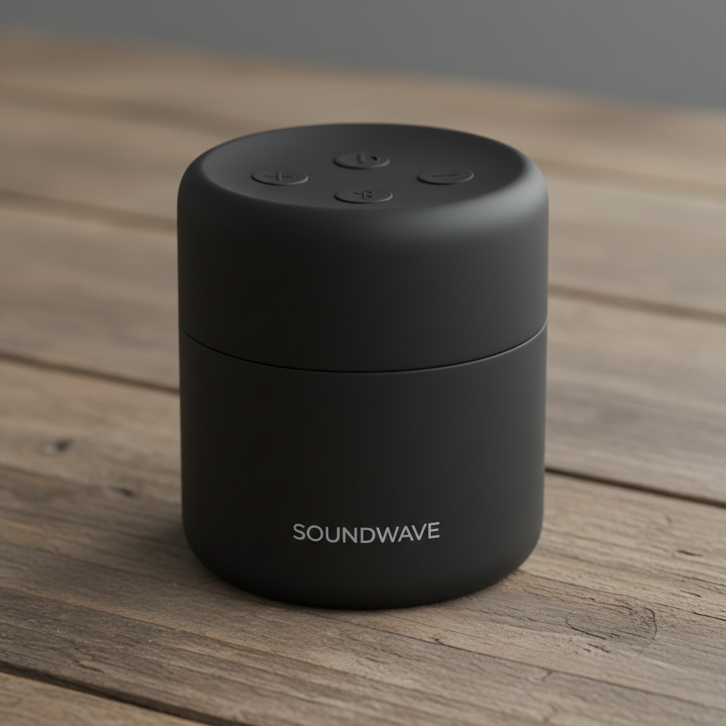Cylindrical portable bluetooth speaker in forest green color on wooden table