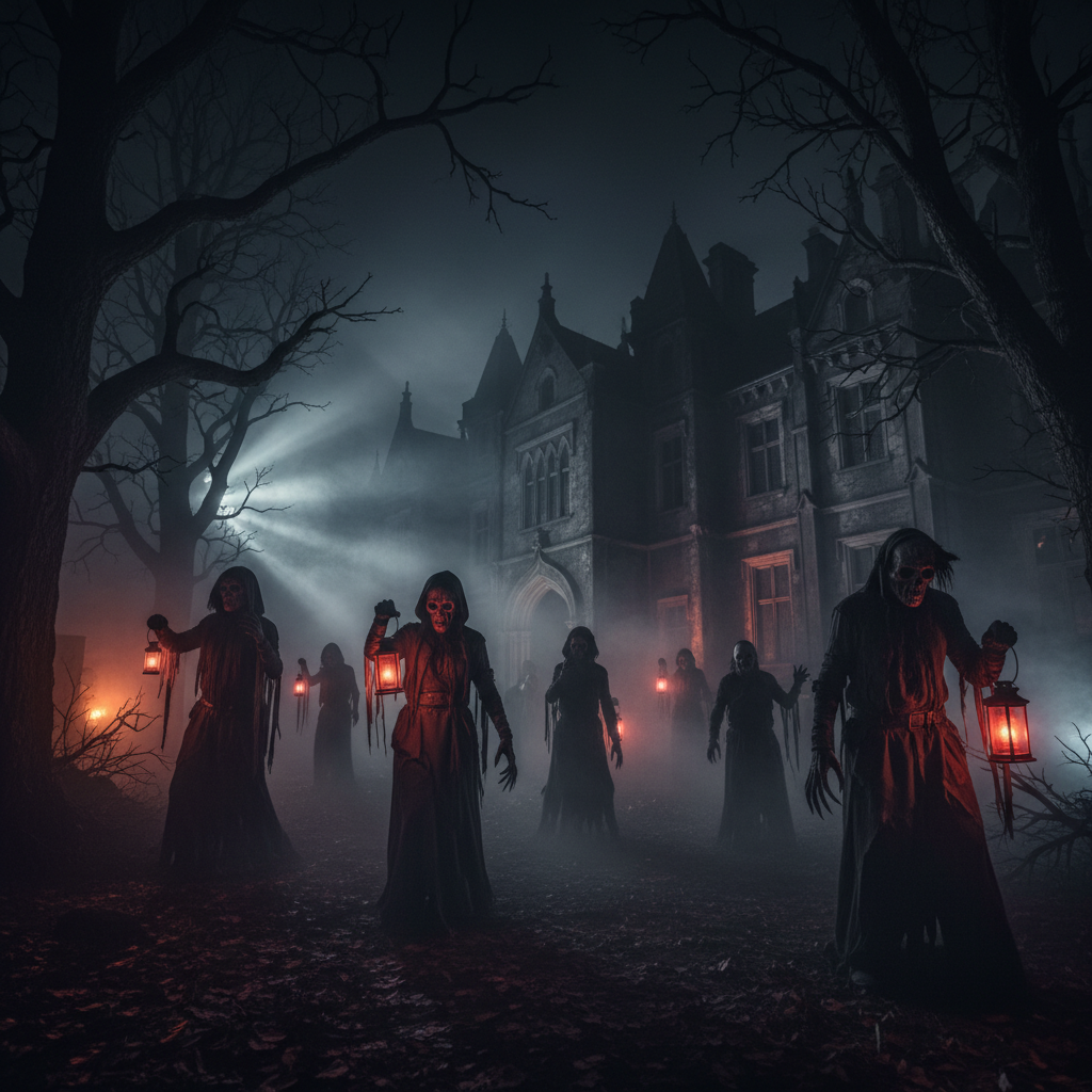 Dark atmospheric literary event setting with dramatic ambient lighting, deep shadows, warm accent glow