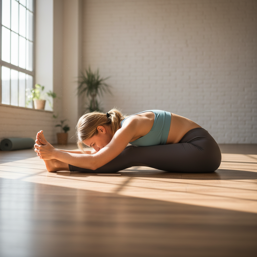 Person in a deep forward fold yoga pose, demonstrating flexibility and calm focus
