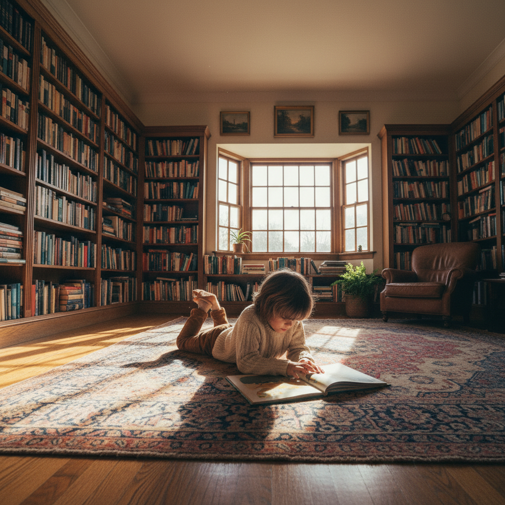 Sunlit reading room with wooden shelves and a child reading on a rug at Mesa Alta Branch