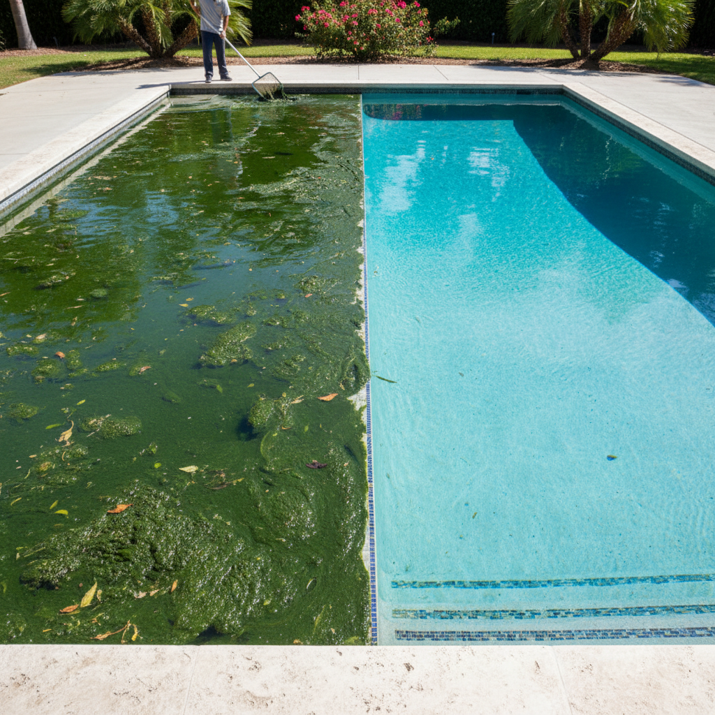 Green algae pool water transforming to crystal blue after Skim cleaning service
