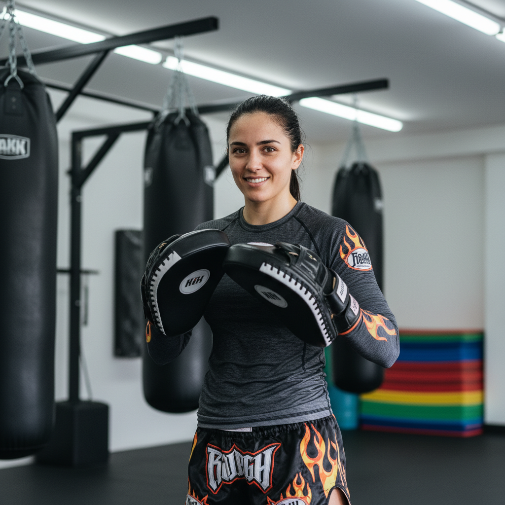 Female martial arts coach in athletic wear smiling in front of training wall with equipment