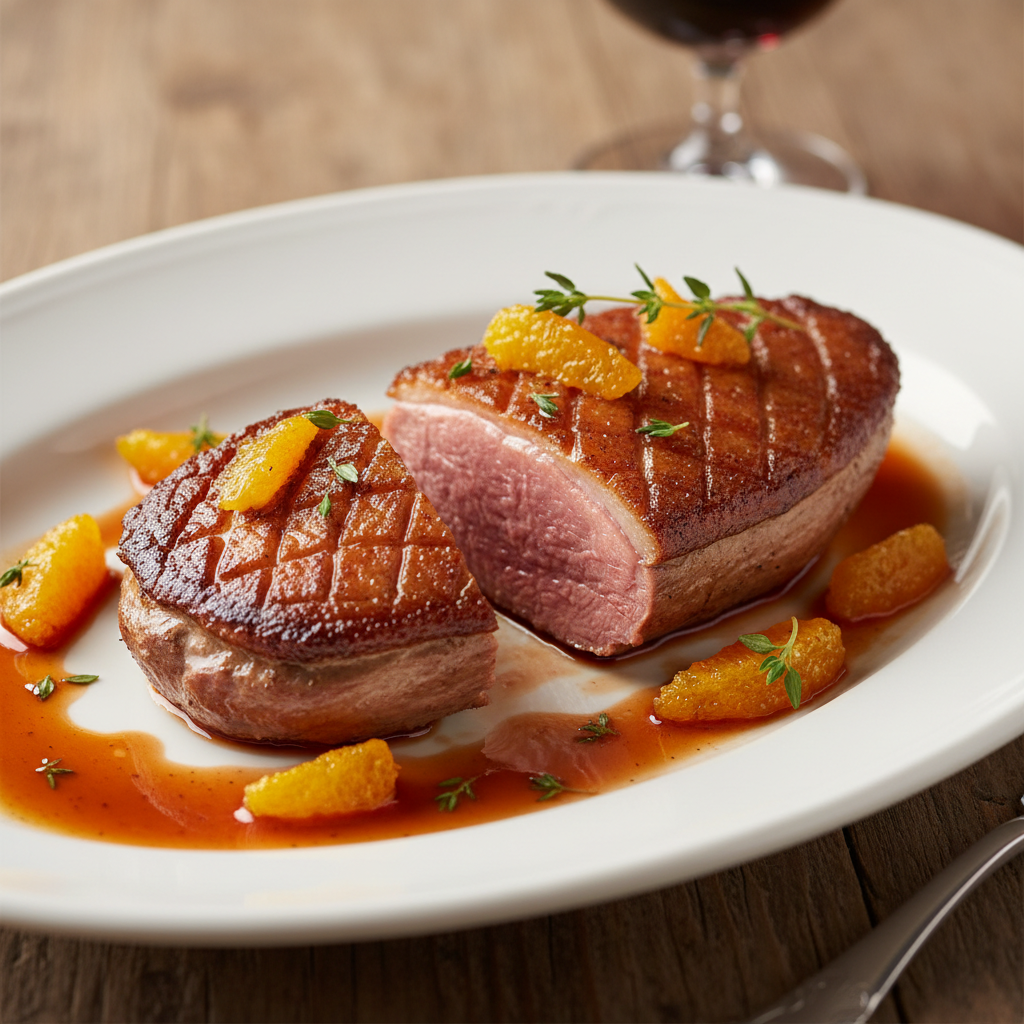 Sliced duck breast with crispy skin, glazed with honey orange sauce, served with colorful roasted vegetables