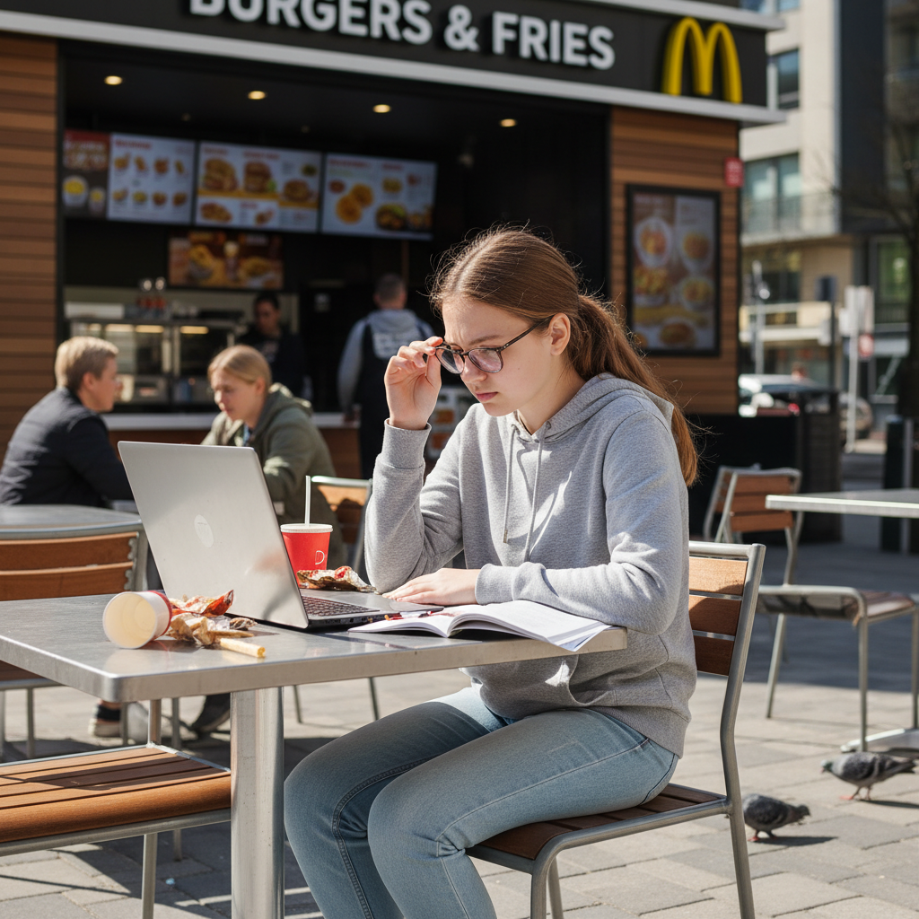 Teenager studying outside a fast food restaurant using free Wi-Fi