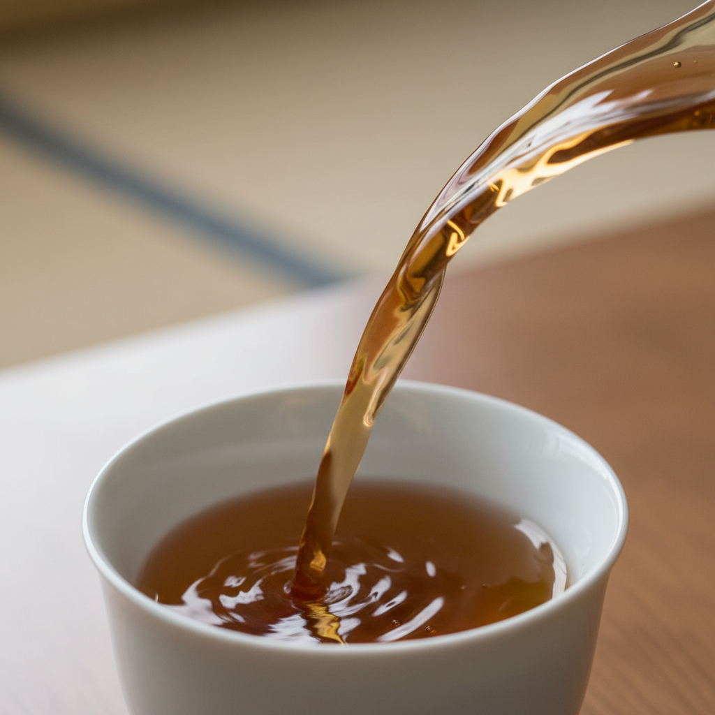 Amber sake pouring mid-arc into a white porcelain ochoko cup