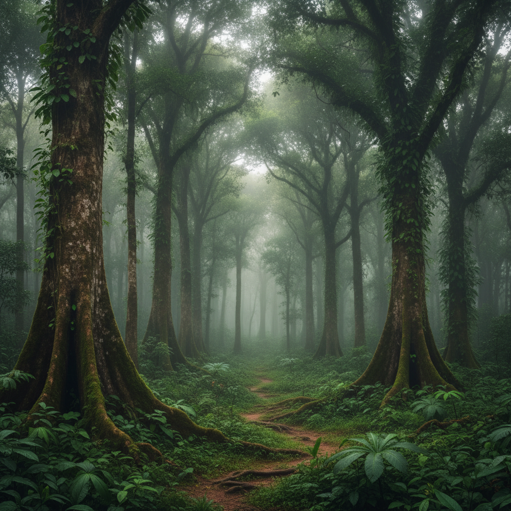 African man standing among tall trees in a dense forest, morning mist, South Sudan agroforest