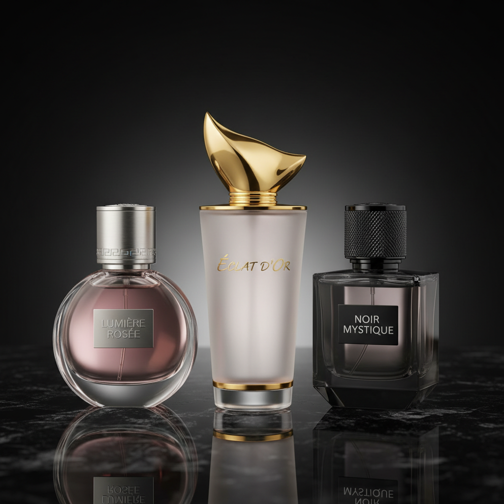 Multiple perfume bottles lined up on black glossy surface, luxury brand editorial photography
