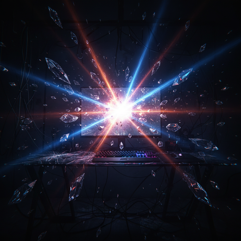 Dark dramatic gaming scene with explosive light beams and shattered crystal formations in deep shadows