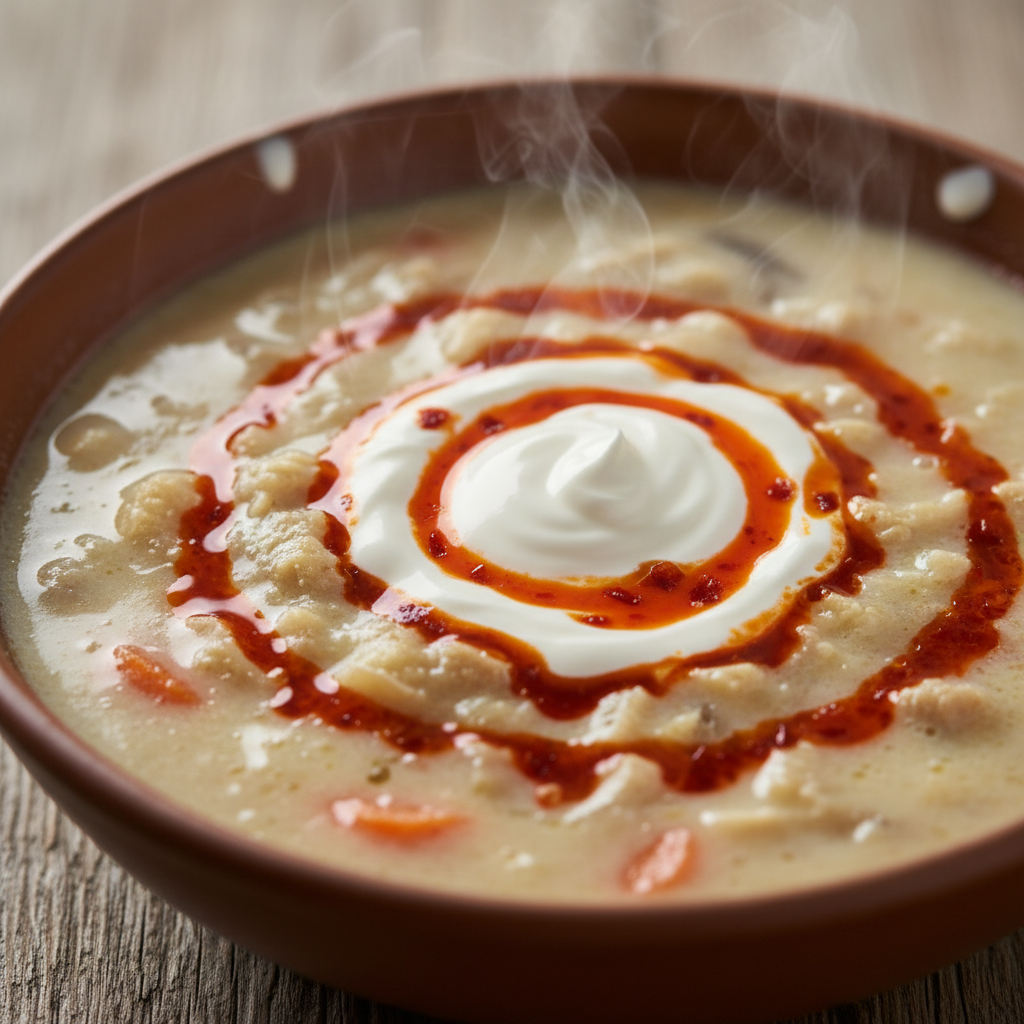 Bowl of ciorbă de burtă with cream swirl and chili oil on rustic wooden table