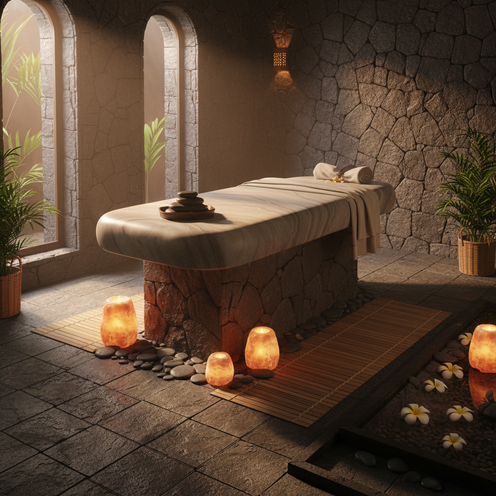 Luxury spa treatment room with dim candlelight, mineral bath, dark stone surfaces, steam rising, serene and moody atmosphere