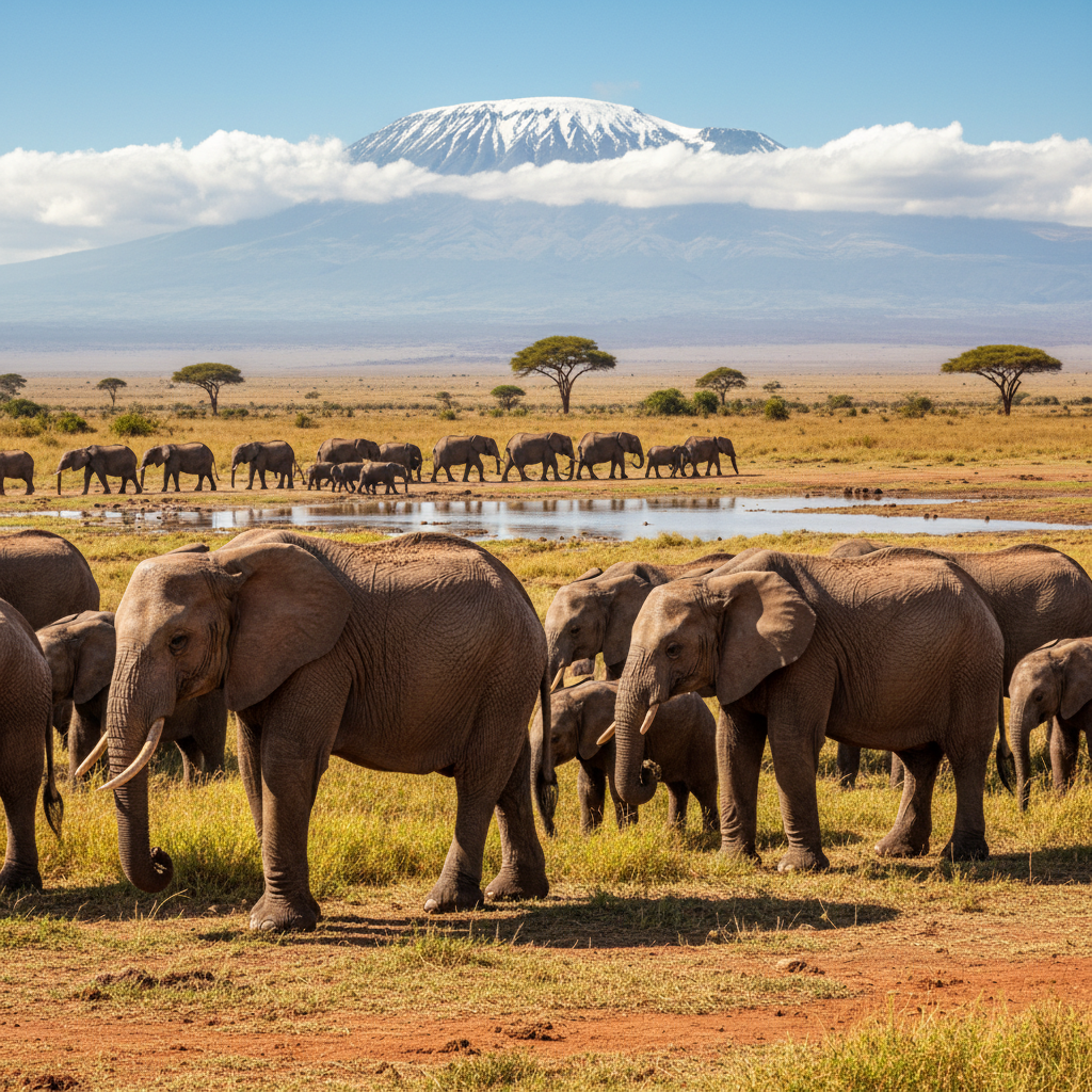 Elephant herd with Kilimanjaro in the background at Amboseli Kenya