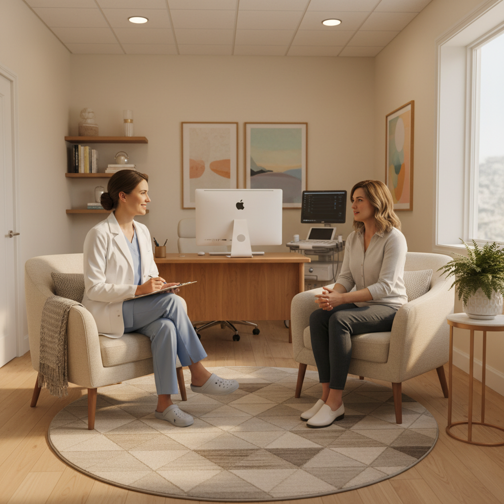 Fertility clinic consultation room with warm lighting and caring staff