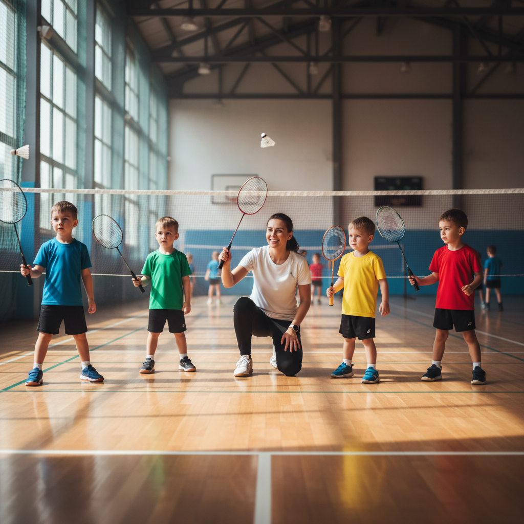 Coach working with young children learning badminton fundamentals