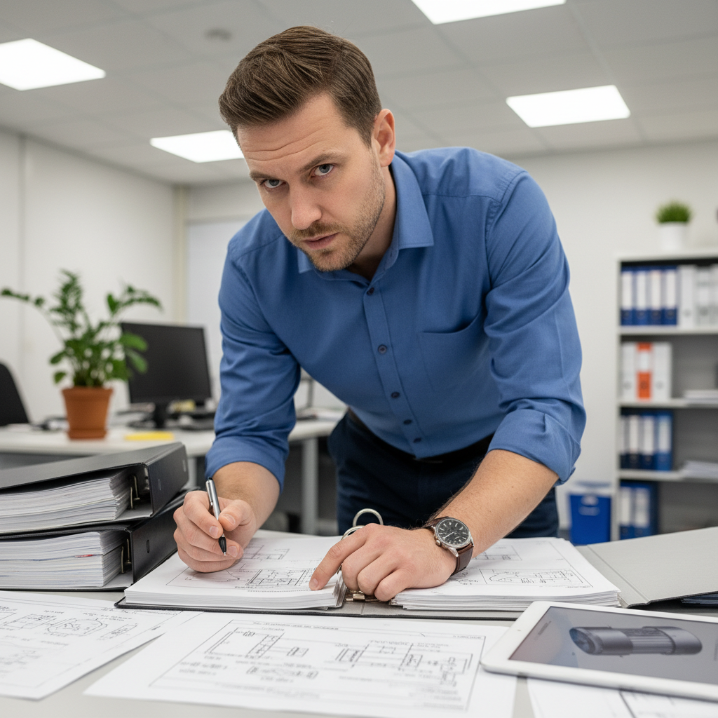 Erik Haugen, smart systems architect, reviewing technical drawings at a desk