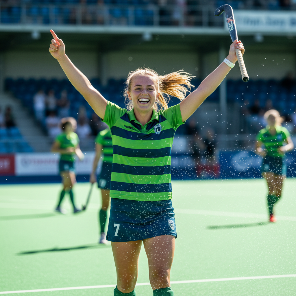 Young female field hockey player in green kit celebrating a goal on a water-based pitch
