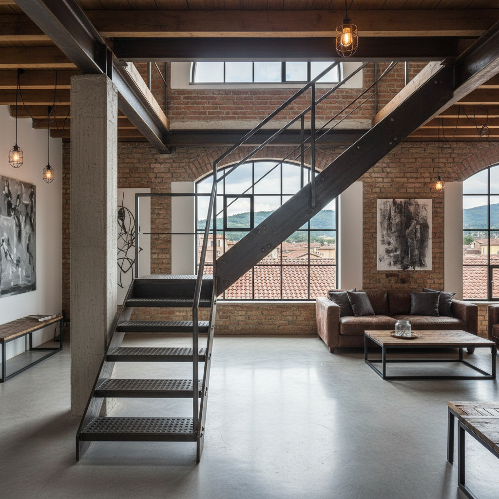 Industrial loft with exposed brick and metal fixtures