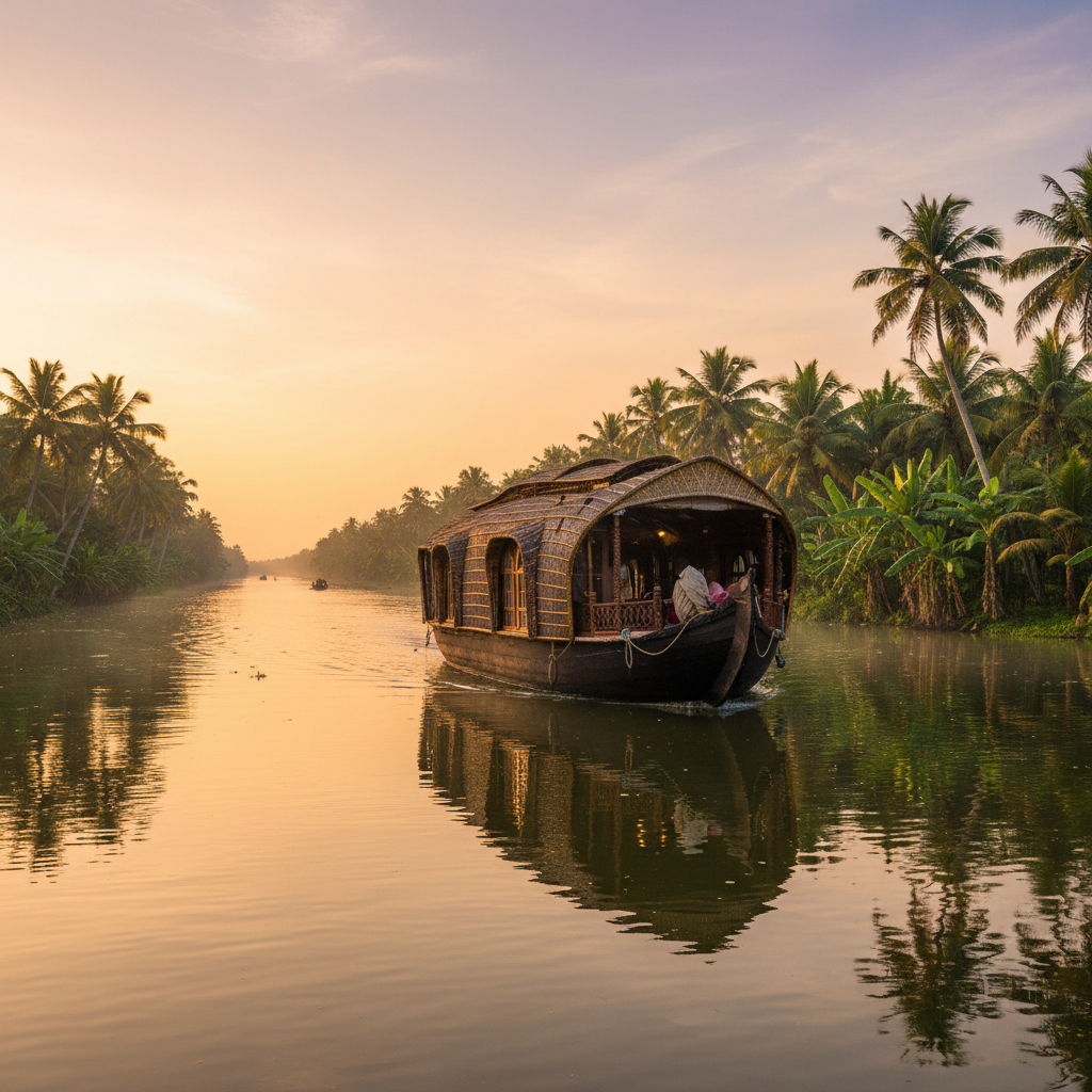 Kerala backwaters at sunset with traditional wooden houseboat gliding through calm golden waters