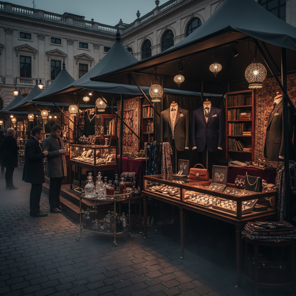 Luxury retail environment with warm lighting, dark premium interior, high-end atmosphere