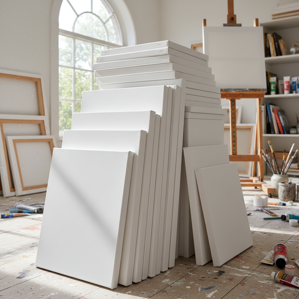 Fine art canvas print being laminated with protective matte film, bright well-lit studio space, clean white walls