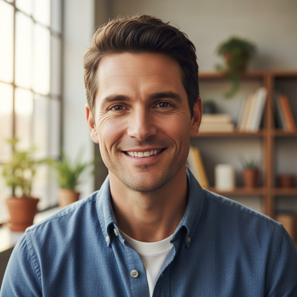 Male instructor with warm smile, tropical background, bright outdoor light, relaxed coastal vibe