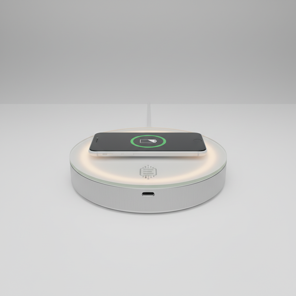 Round white wireless charging pad with smartphone on top