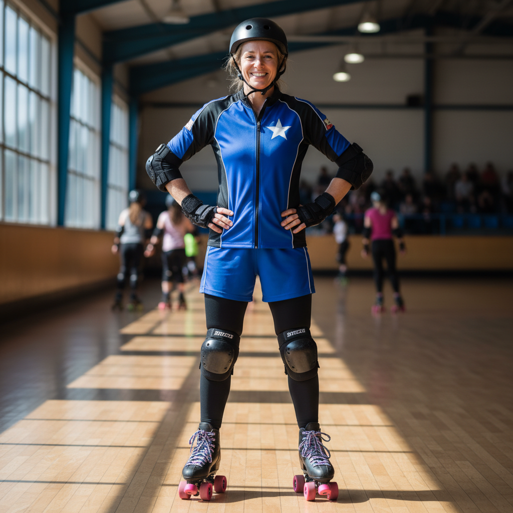 Coach Sarah M. smiling in skating gear